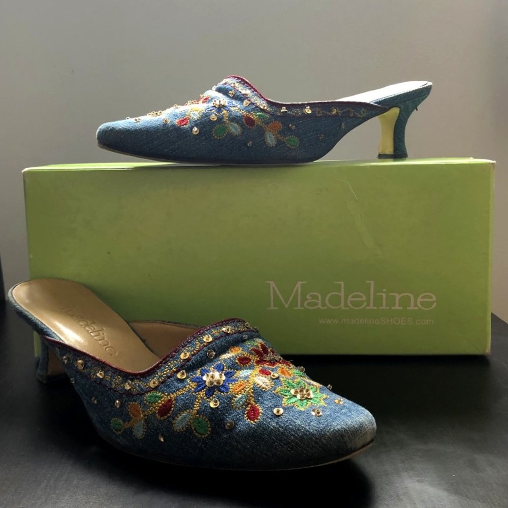 Madeline (Size 6) Denim Floral Embroidered (2") Mules